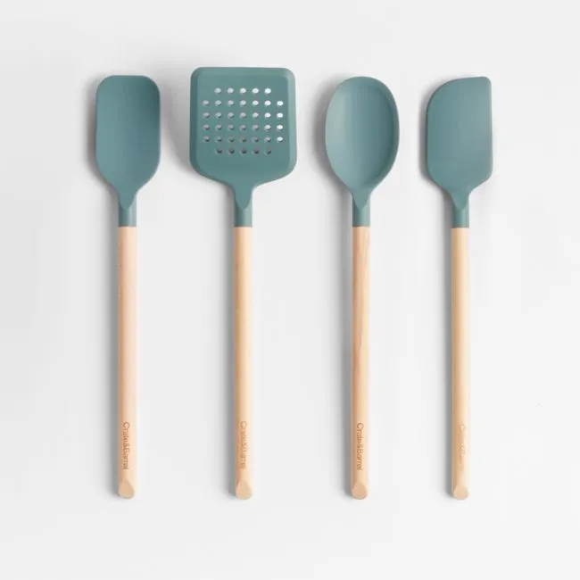 Crate & Barrel Deep Sage Green Silicone and Wood Utensils, Set of 4