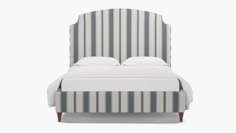 Cove Bed, French Blue Clarence Stripe, Walnut Decorative Tapered Leg, King