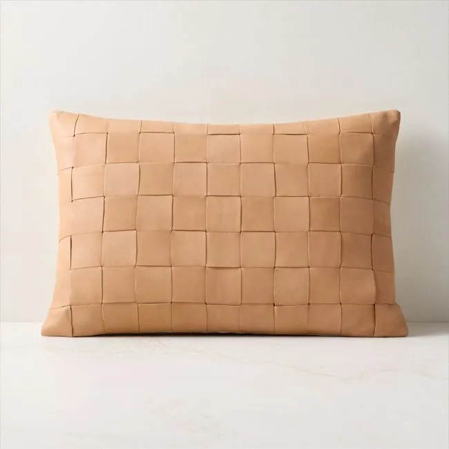 Dutton Handwoven Tan Leather Lumbar Pillow Cover 22"x15"