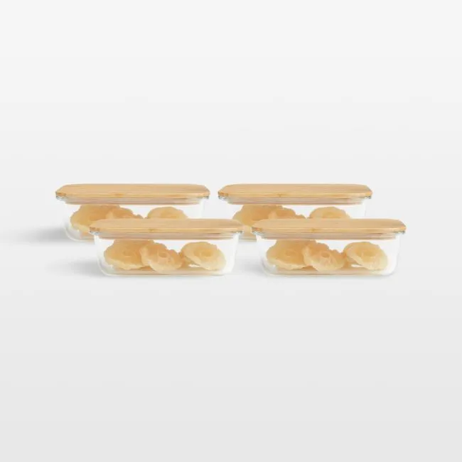 Crate & Barrel Rectangular Glass Storage Container with Bamboo Lid, 7-cup, Set of 4