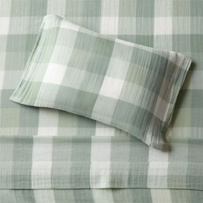 Supersoft Gingham Soft Green Organic Cotton Gauze Toddler Sheet Set