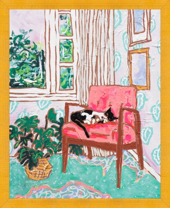 Cat Nap: Tuxedo Cat Napping in Mid-Century Chair by Lara Lee Meintjes for Artfully Walls