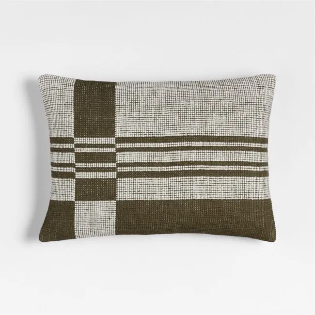 Wool/Linen Plaid 22"x15" Burnt Green Throw Pillow with Feather Insert