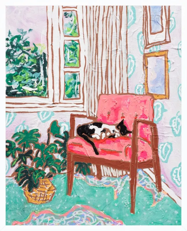 Cat Nap: Tuxedo Cat Napping in Mid-Century Chair by Lara Lee Meintjes for Artfully Walls