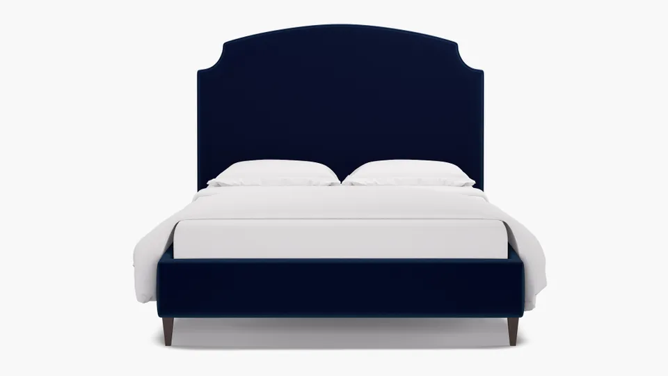 Cove Bed, Navy Performance Velvet, Espresso Square Tapered Leg, Queen