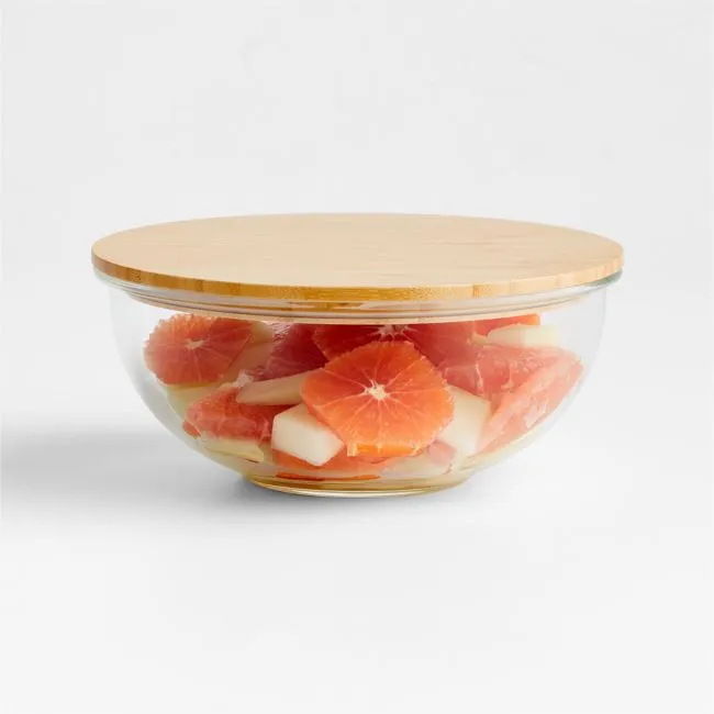 Crate & Barrel Medium Glass Mixing Bowl with Bamboo Lid