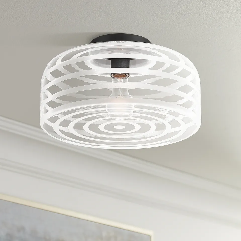 Possini Euro Cooper 12 3/4" Wide Black Ceiling Light with Ribbed Glass