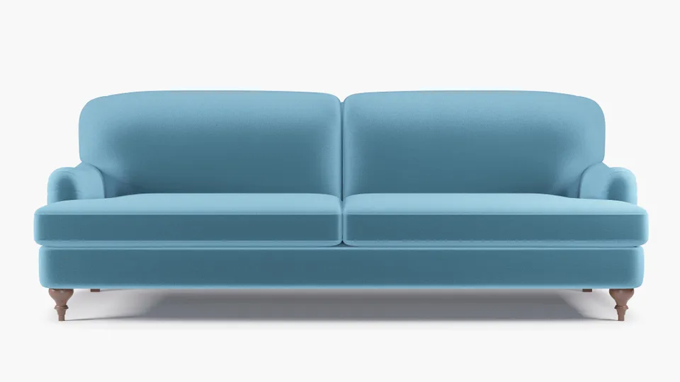 English Roll Arm Sofa, French Performance Plush Velvet, Walnut Turned Wood Leg