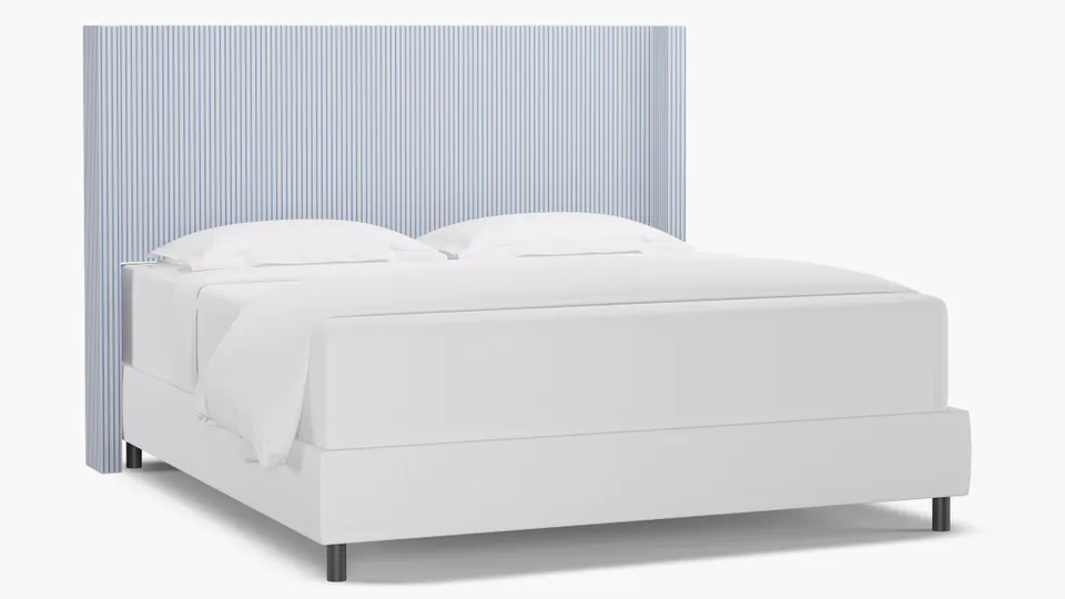 Modern Wingback Headboard, Cornflower Classic Ticking Stripe, King