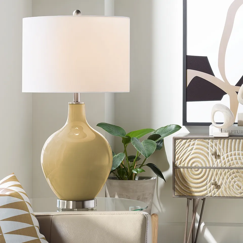 Color Plus Ovo 30 1/2" Fog Linen Shade Empire Gold Table Lamp