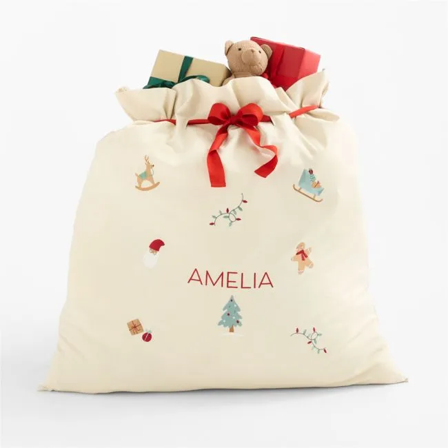 Large Embroidered Natural Organic Cotton Kids Santa Gift Bag