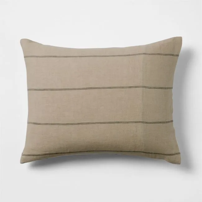 Aire Natural European Linen Pinstripe Arcadia Tan and Midnight Navy Blue Reversible Grid Standard Bed Pillow Sham