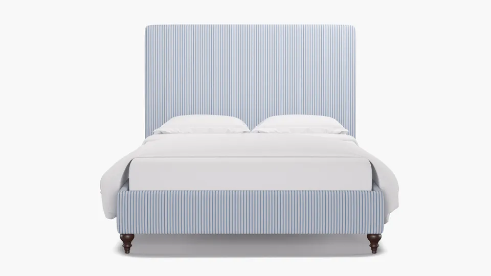 Classic Bed, Cornflower Classic Ticking Stripe, Espresso Traditional Turned Leg, Queen