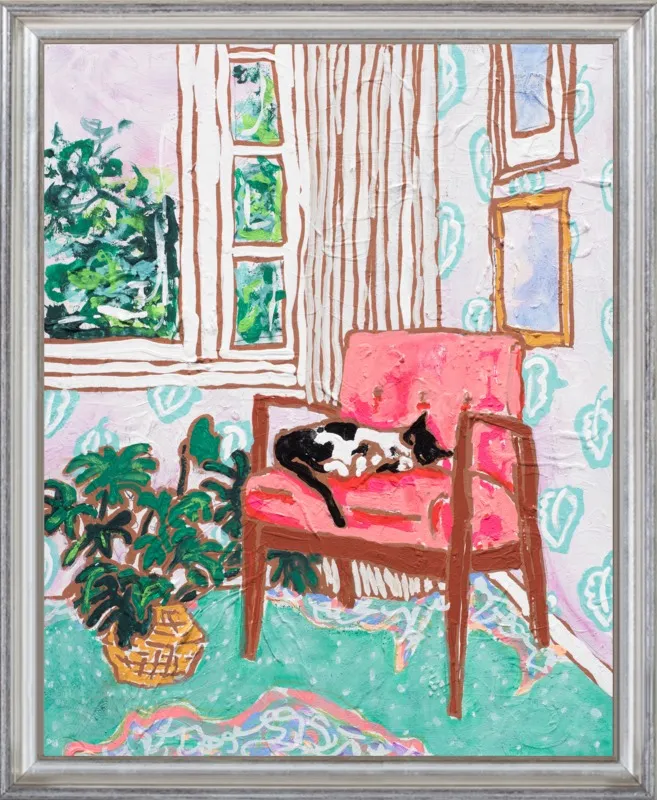 Cat Nap: Tuxedo Cat Napping in Mid-Century Chair by Lara Lee Meintjes for Artfully Walls