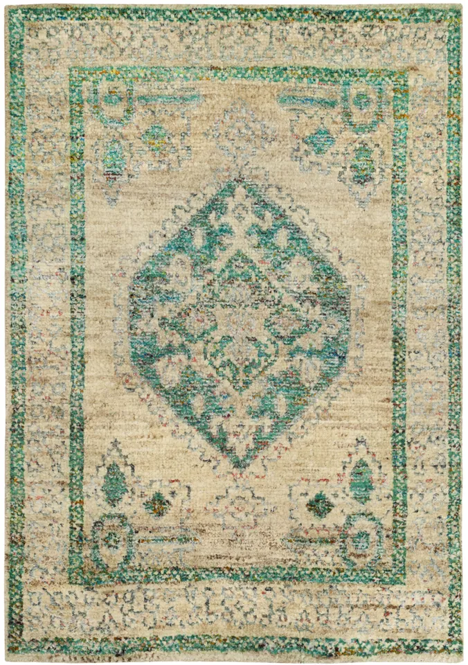 Arlo Home Hand Knotted Area Rug, TGR606A, Beige/Emerald,  4' X 6'