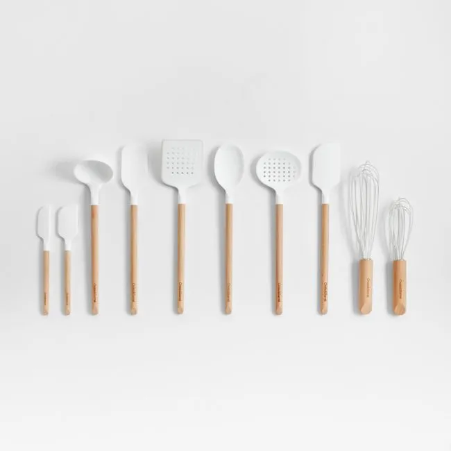 Crate & Barrel White Silicone and Wood Utensils, Set of 10