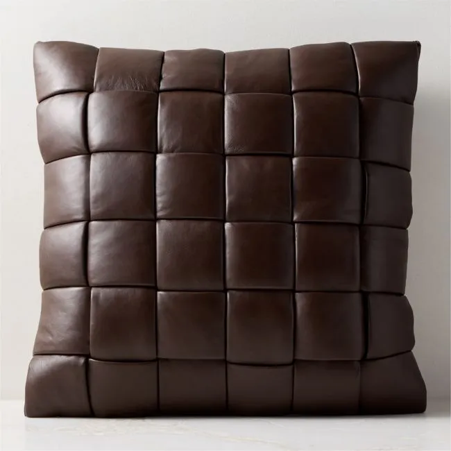 Jabas Brown Woven Leather Throw Pillow with Feather-Down Insert 23"x23"