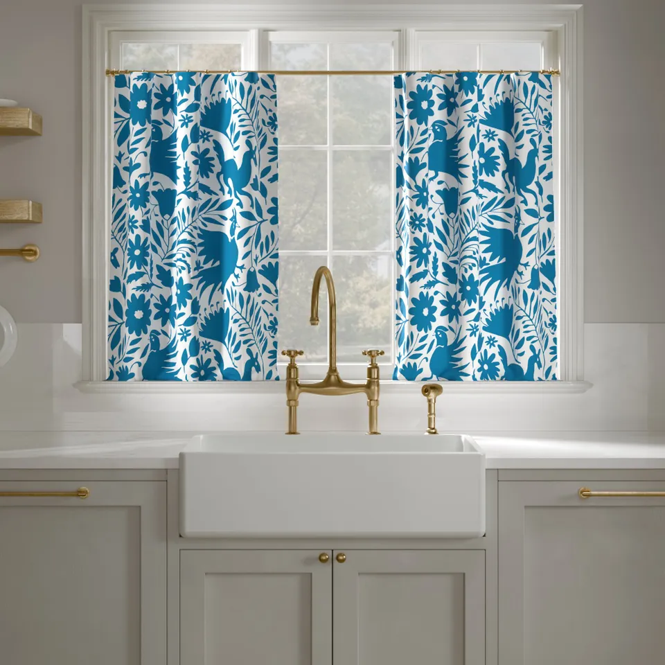 Printed Linen Café Curtain, Cerulean Frida, 25" x 36", Unlined
