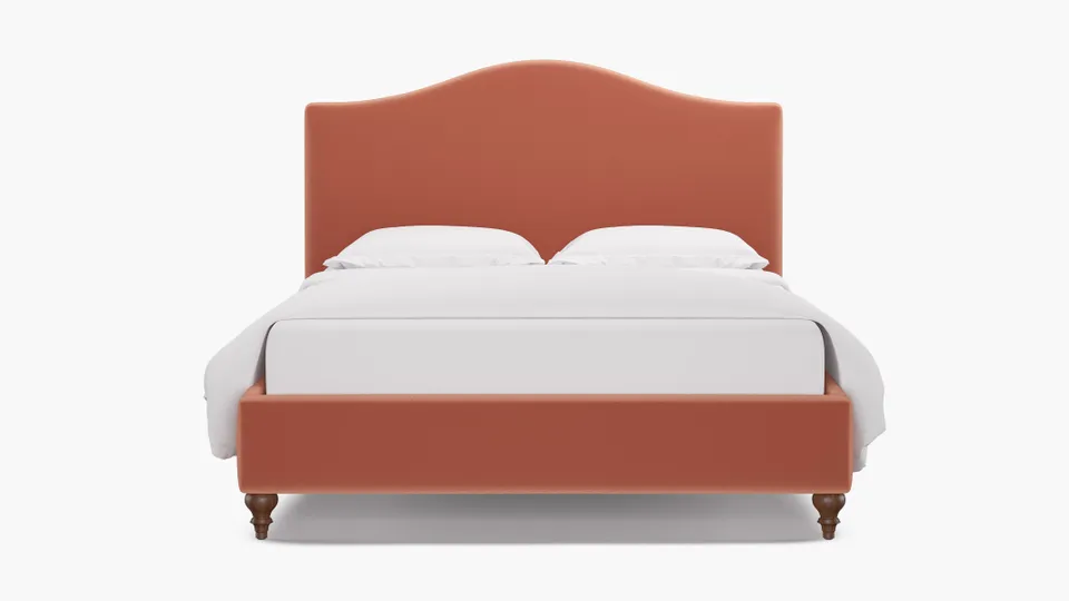Camelback Bed, Coral Performance Velvet, Walnut Traditional Turned Leg, King
