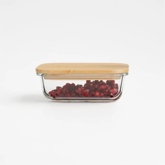 Crate & Barrel Rectangular Glass Storage Container with Bamboo Lid, 1-cup