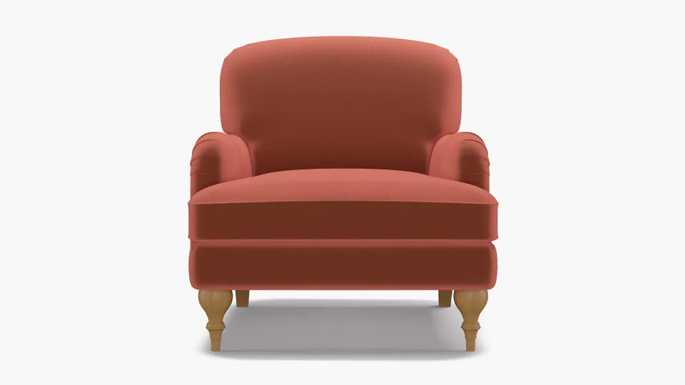English Roll Arm Chair, Terracotta Performance Velvet, Natural Turned Wood Leg