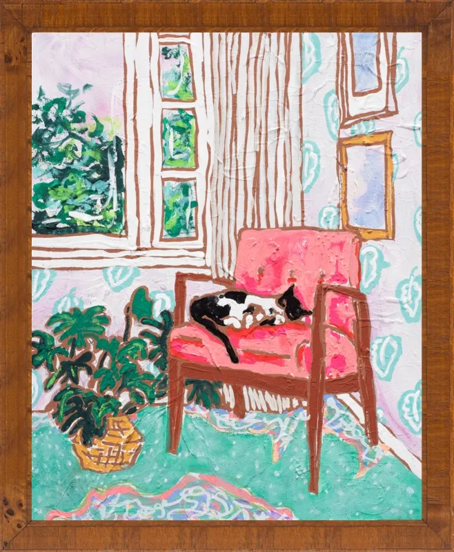Cat Nap: Tuxedo Cat Napping in Mid-Century Chair by Lara Lee Meintjes for Artfully Walls