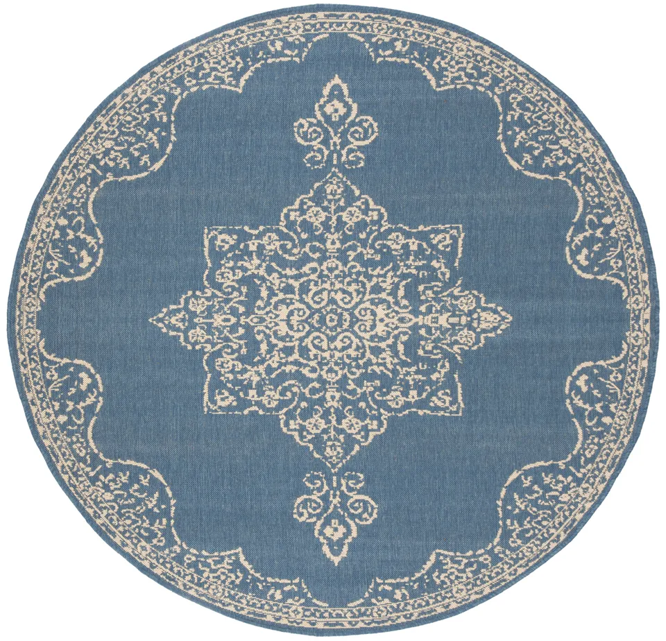 Arlo Home Indoor/Outdoor Woven Area Rug, LND180N, Cream/Blue,  6' 7" X 6' 7" Round