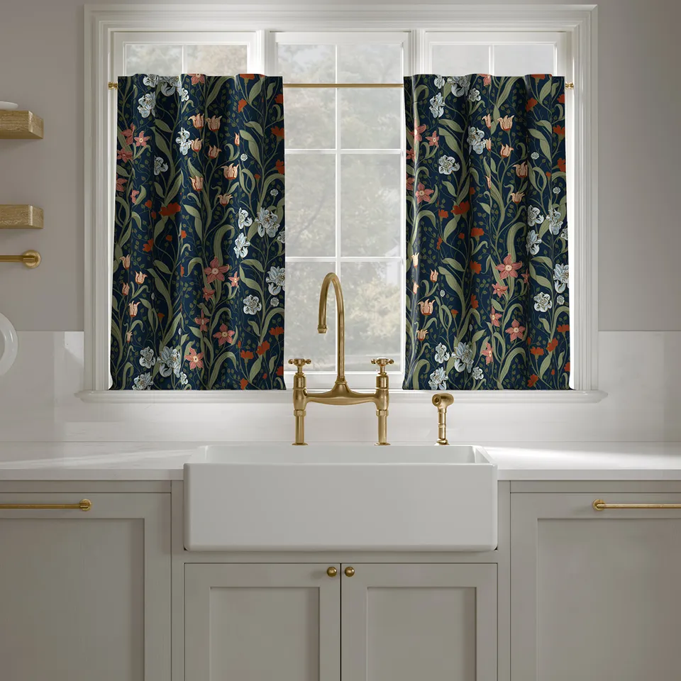 Printed Linen Café Curtain, Nightshade Bloomsbury, 25" x 36", Unlined