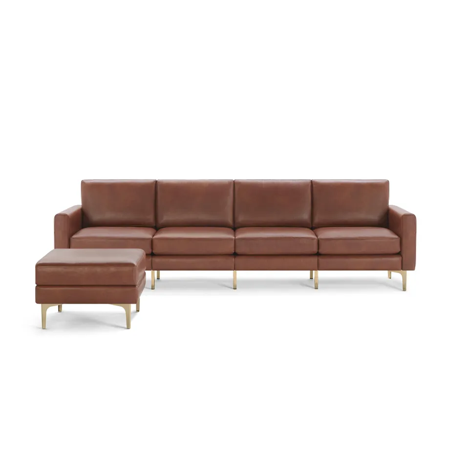 Nomad Leather King Sofa with Ottoman - Chestnut - Top Grain Leather / Brass - Metal / Block