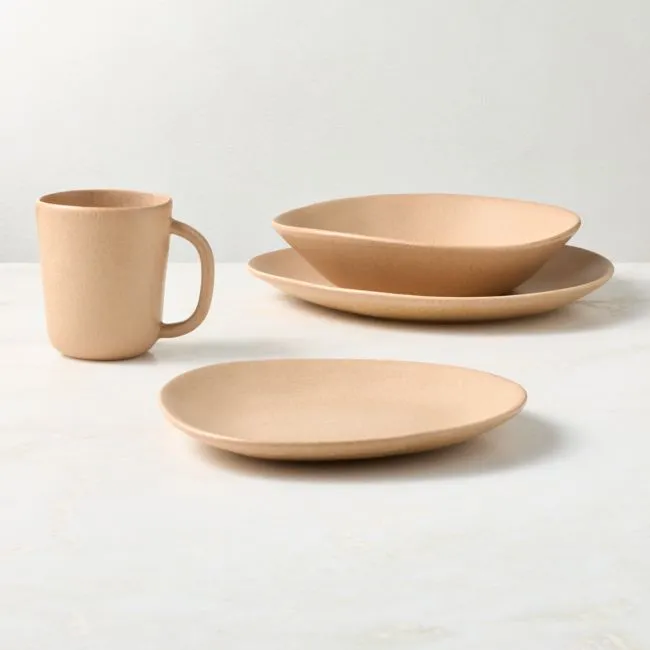 Selene 4-Piece Tan Stoneware Dinnerware Set with Pasta Bowl