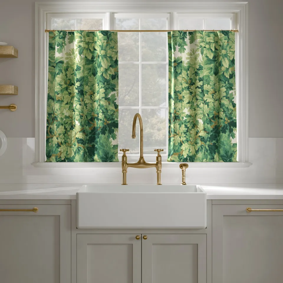 Printed Linen Café Curtain, Verdure Bois De Chene, 25" x 24", Unlined