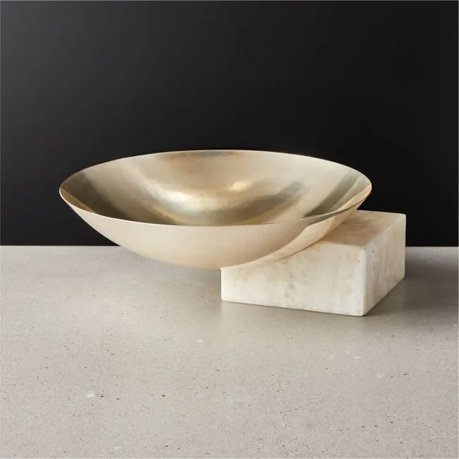 Akri Champagne Gold Stainless Steel and Cream Onyx Low Serving Bowl