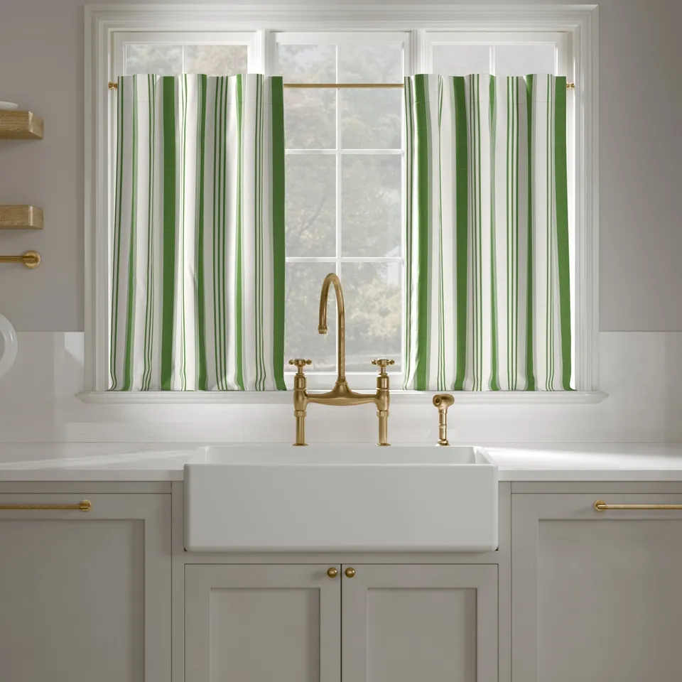 Printed Linen Café Curtain, Jade Regency Stripe, 25" x 30", Unlined