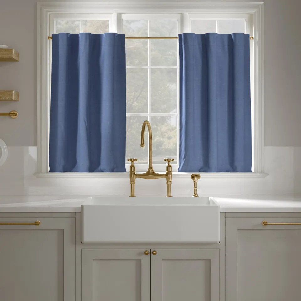 Linen Café Curtain, French Blue Linen, 25" x 36", Privacy