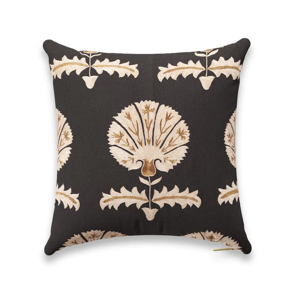 Black Daisy Suzani Pillow by St. Frank | 22" W x 22" H | Cotton/Silk/Linen