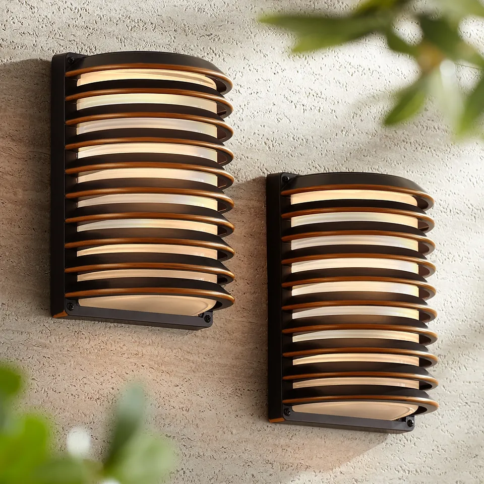 John Timberland Bronze Grid 10" High Outdoor Wall Lights Set of 2