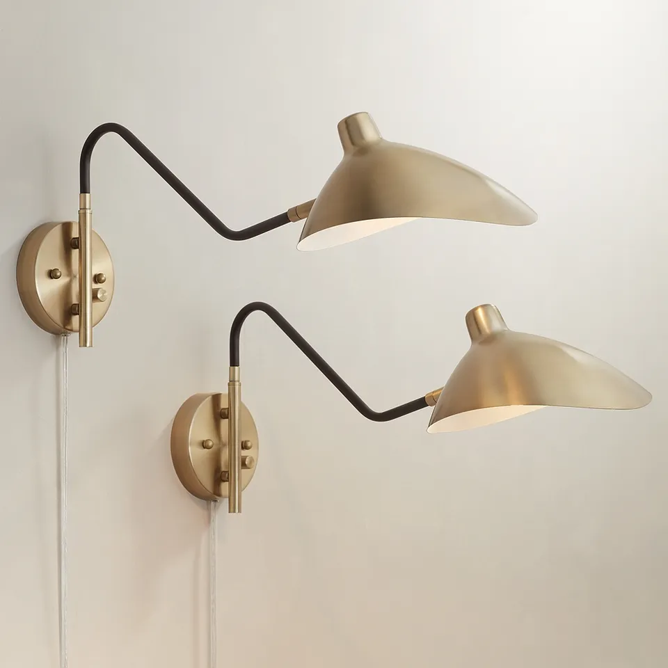 360 Lighting Colborne Brass Bronze Plug-In Swing Arm Wall Lamps Set of 2