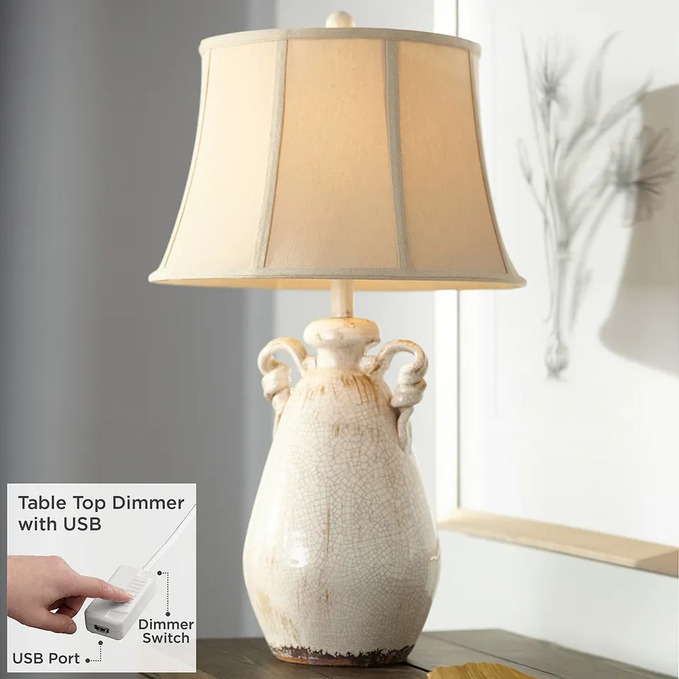 Regency Hill Isabella 28" Ivory Ceramic Table Lamp with USB Dimmer