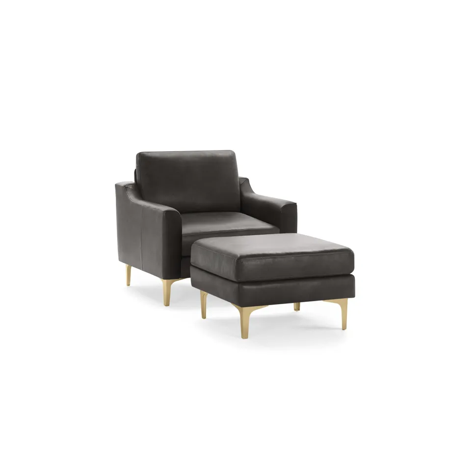 Nomad Leather Club Chair with Ottoman - Slate - Top Grain Leather / Brass - Metal / Slope