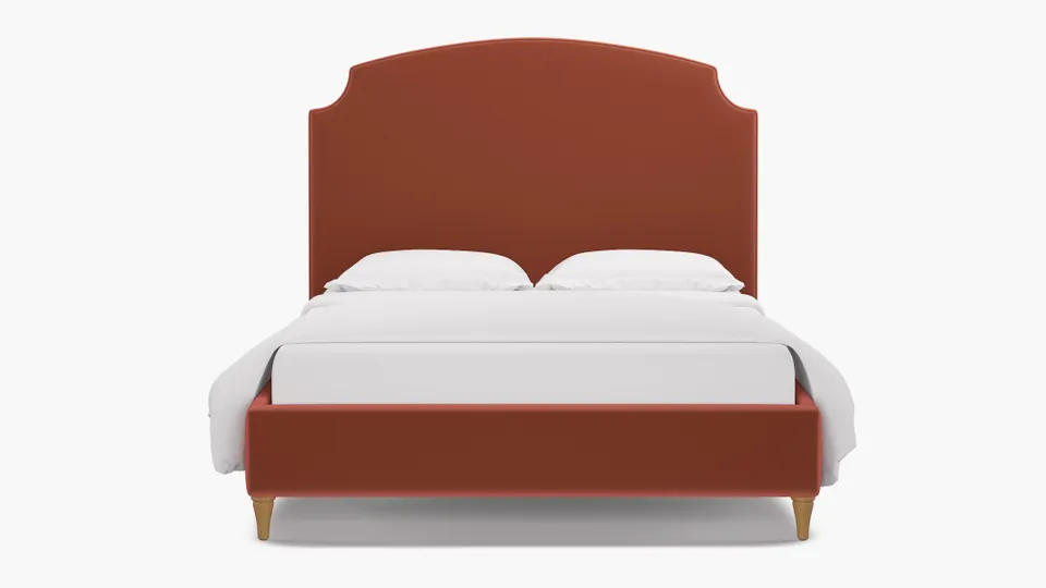 Cove Bed, Terracotta Performance Velvet, Natural Decorative Tapered Leg, Queen