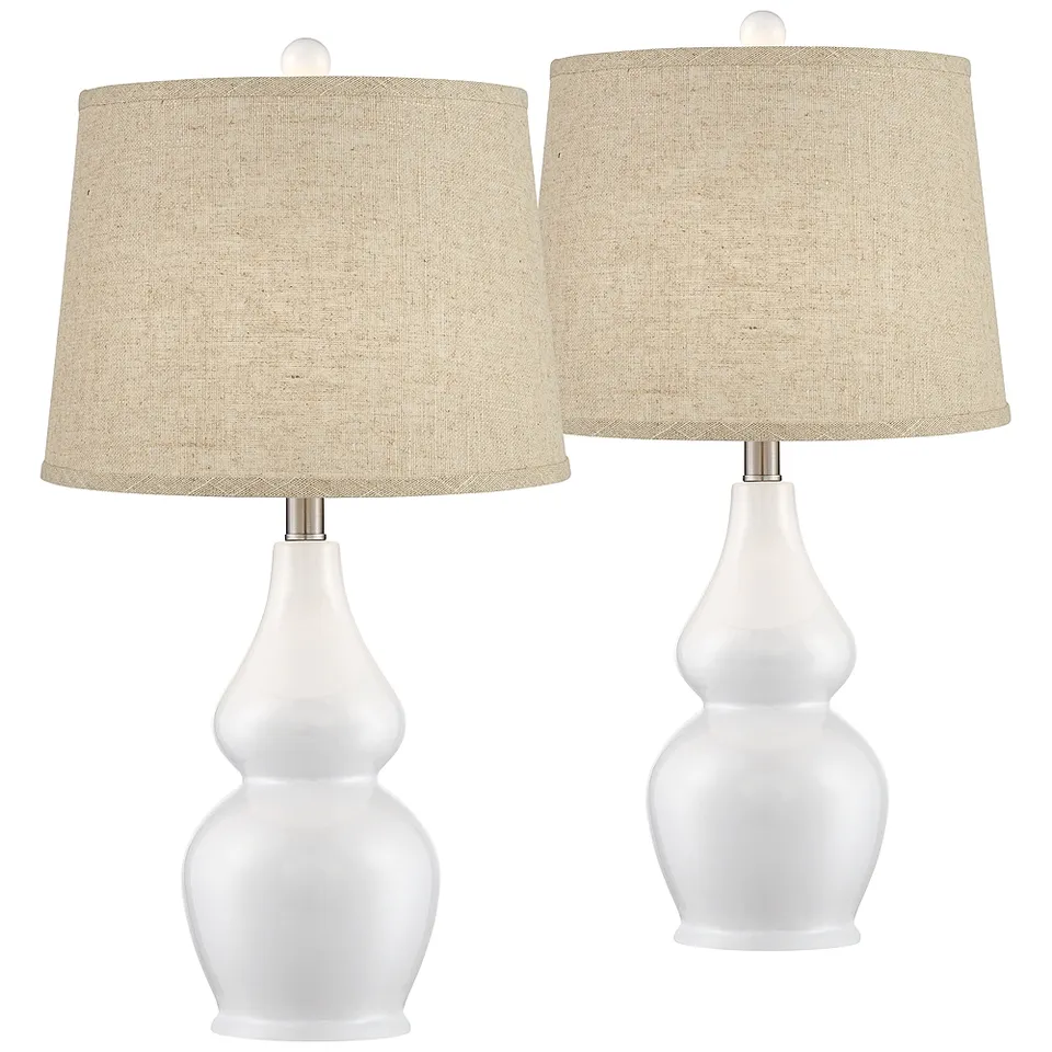 Jane White Ceramic Gourd Burlap Linen Table Lamps Set of 2