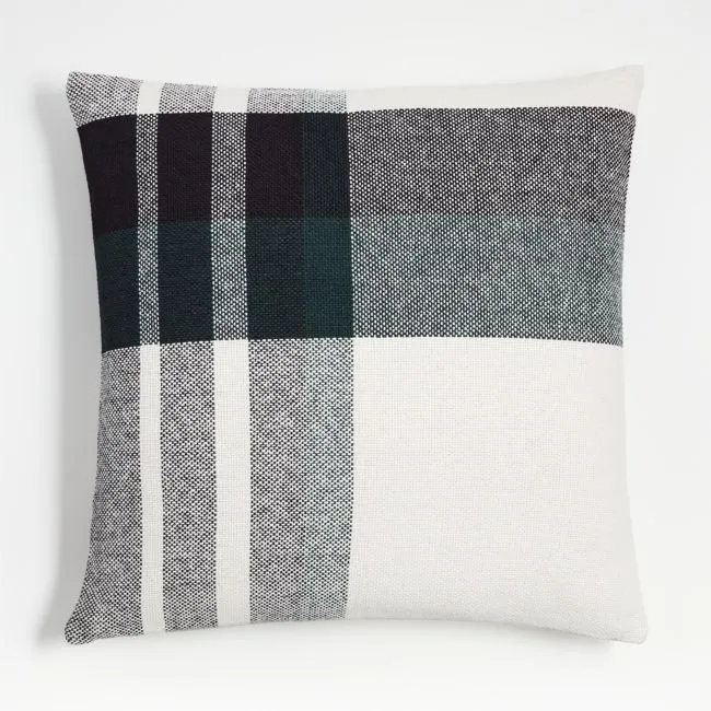 Holiday Plaid Organic Cotton 23"x23" Spruce Green Throw Pillow with Feather Insert