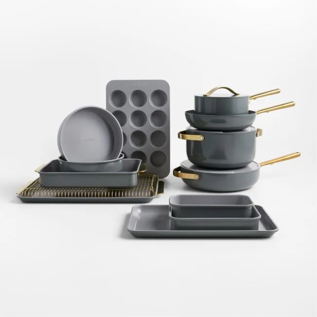 Caraway ® Graphite Ceramic Nonstick Full Bakeware & Cookware Set with Gold Hardware