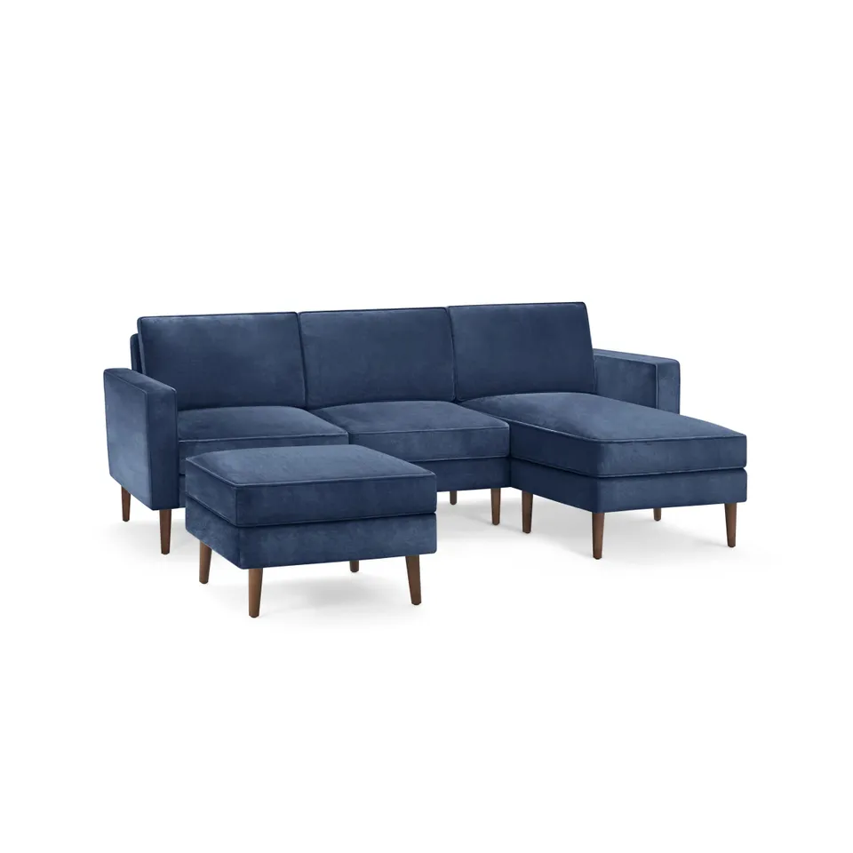 Nomad Velvet Sofa with Reversible Chaise and Ottoman - Midnight - Performance Velvet / Walnut - Wood