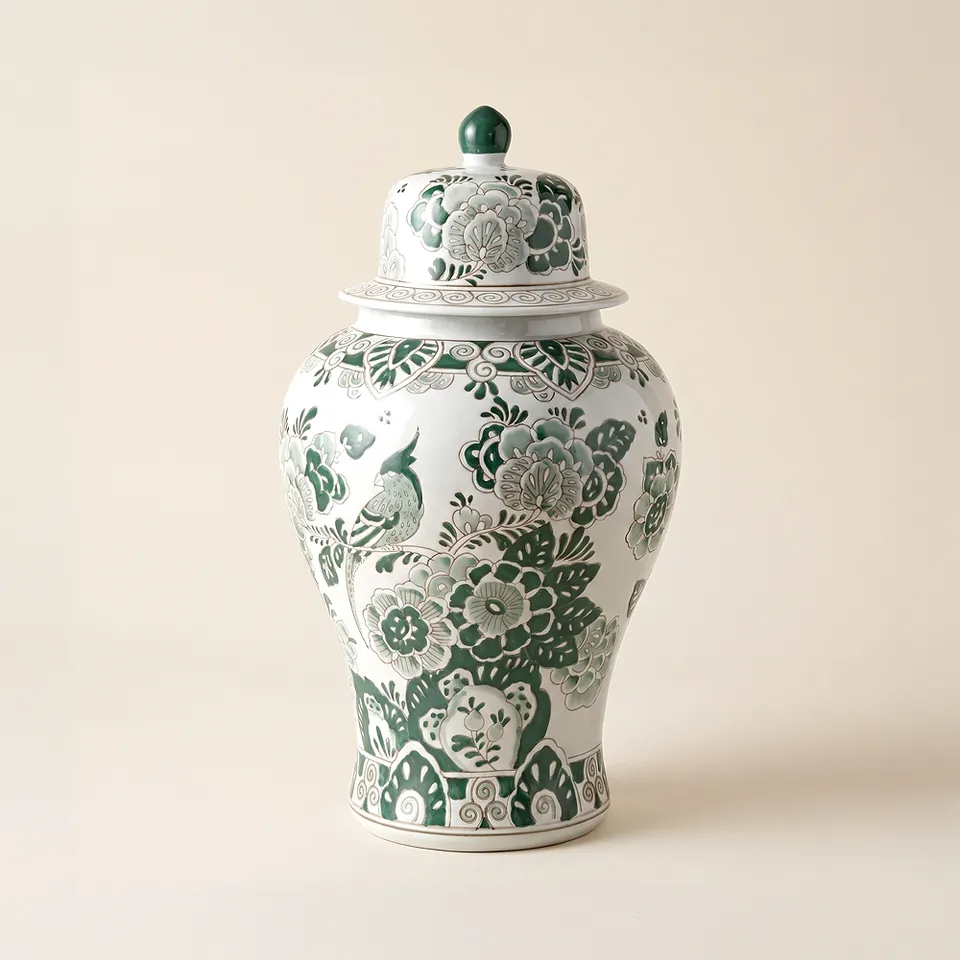 Jardin 21" High Jade and White Ceramic Ginger Jar with Lid
