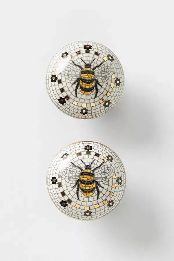 Bistro Tile Stoneware 24k Gold Accent Garden Knobs, Set of 2