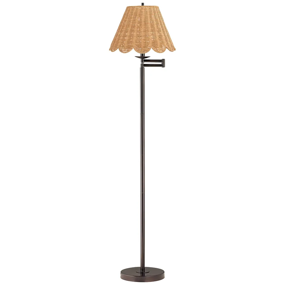 Regency Hill 60" High Natural Rattan and Bronze Swing Arm Floor Lamp