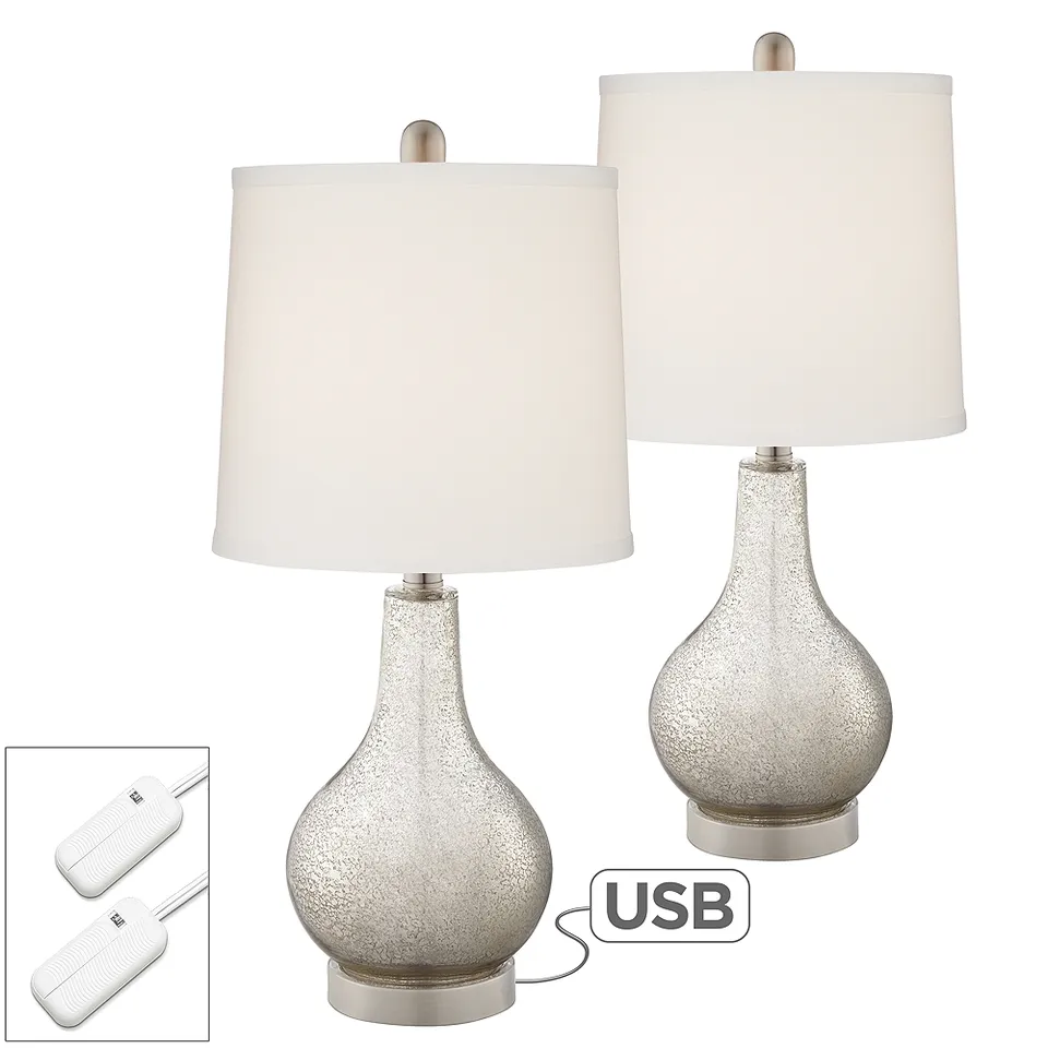 Possini Euro Ledger Glass USB Table Lamp Set with Table Top Dimmers