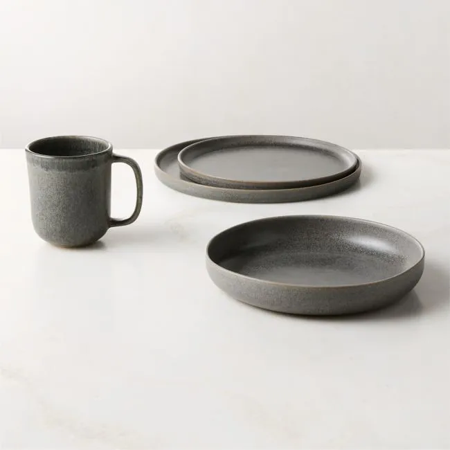 Drift 4-Piece Grey Dinnerware Set with Pasta Bowl with Reactive Glaze