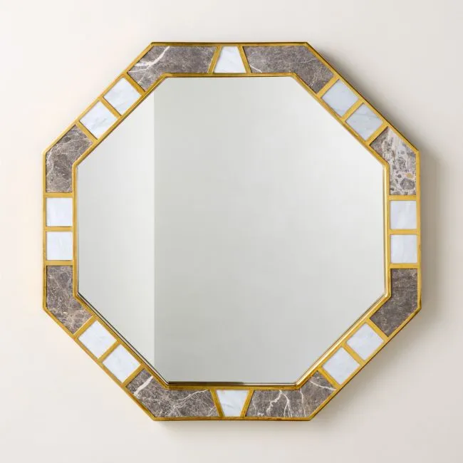 Icaro Grey Breccia and White Carrara Marble Octagon Wall Mirror 32"